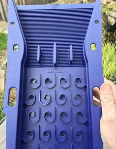 a person holding up a blue plastic tray with holes in the bottom and handles on each side