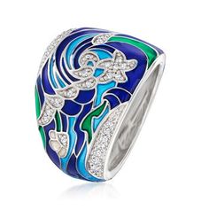 Belle Etoile "Ocean Wave" Multicolored Enamel Ring, .20ct t. w. Cubic Zirconias. Size 7. Designed to enhance the lifestyle of the modern woman, the dazzling Belle Etoile selection of exquisite jewelry reflects the latest European fashion trends. Belle Etoile jewelry brings high-quality craftsmanship and beautiful designs to the reality show called 'life'. The "Ocean Wave" collection embodies the energic curves of the sea, further adorned with bejeweled starfish and fantastic sea creatures. This Luxury Silver Enamel Diamond Ring, Elegant Blue Enamel Sterling Silver Ring, Elegant Blue Enamel Ring In Sterling Silver, Elegant White Gold Enamel Rings, Elegant Sterling Silver Enamel Ring With Polished Finish, Elegant Diamond Ring With Enamel, Elegant Sterling Silver Enamel Ring, Elegant Enamel Diamond Ring, Fine Jewelry Enamel Ring For Formal Occasions