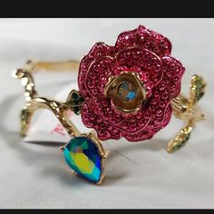 Nwt Betsey Johnson Rhinestone Rose Hinged Bracelet Rose Metal Jewelry For Party, Party Jewelry With Rose Design In Rose Red, Rose Red Jewelry With Rose Design For Party, Rose Branch, Rhinestone Rose, Hinged Bracelet, Betsey Johnson Jewelry, Pretty Stuff, Womens Jewelry Bracelets