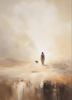 a painting of a person walking with a dog