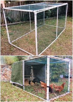 two pictures showing the inside and outside of a chicken coop