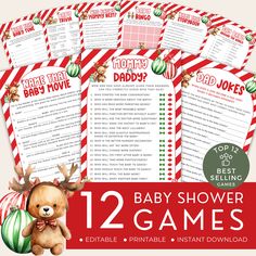 12 baby shower games with teddy bear and candy canes