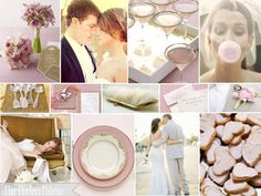 a collage of wedding pictures with bride and grooms in the background, including pink