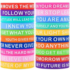 PRICES MAY VARY. Motivational Bracelet: Colorful elastic bracelets printed with different upbeat messages such as "Never give up," "Believe in yourself," "Let your light Shine," and "I knew You could Do it" add glamour, show your attitude, and make you look cool and chic Inspirational words design: the silicone wristbands are adorned with powerful messages to keep you inspired and motivated, let these inspirational words encourage you to move forward, give you strong power, they are colorful, ma