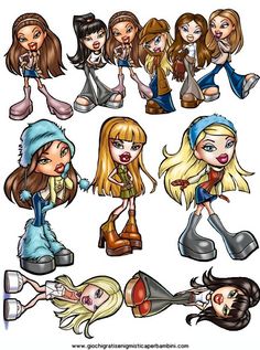 some cartoon girls with different outfits and hair styles, all dressed up in clothes from the 80s to the present day