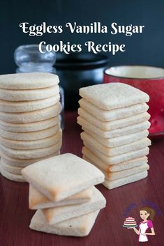 eggless vanilla sugar cookies recipe on a wooden table with a red mug in the background