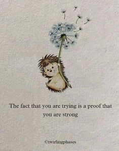 a drawing of a hedge holding a dandelion with the words, the fact that you are trying is a proof that you are strong