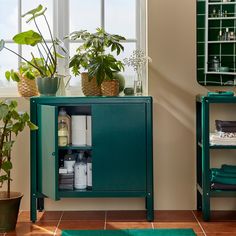 a green cabinet sitting next to a window filled with potted plants and personal care items