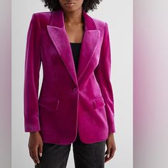 Express: Timeless Peak Lapel Boyfriend Style Blazer In A Luxurious Velvet Fabric Featuring Single Velvet Button Closure And Welt Hand/Chest Pockets, Straight Hem Line, And Fully Lined In A Beautiful Vibrant Fuchsia Pink. The Perfect Staple Piece For A Professional And Confident Look Whether You're Headed To The Office Or Happy Hour With Friends. (Size: S) *Nwt* Purple Single Breasted Blazer With Lapel Collar, Elegant Single Button Purple Blazer, Chic Purple Blazer With Notch Lapel, Purple Formal Blazer With Button Closure, Purple Lapel Collar Blazer For Office, Purple Workwear Blazer With Button Closure, Purple Single Breasted Blazer For Tailoring, Elegant Purple Outerwear With Buttons, Purple Office Blazer With Lapel Collar