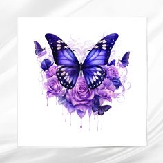 a blue butterfly with purple roses on it's wings is shown in front of a white background