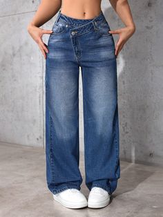 Casual Washed Asymmetric Waist Straight Leg Jeans Dark Wash Casual   Denim Plain Straight Leg High Stretch  Women Clothing, size features are:Bust: ,Length: ,Sleeve Length: Strapless Backless Bra, Mens Crew Socks, Top And Pants Set, Jeans Casual, Flare Leg Jeans, Women Denim Jeans, Inspiration Mode, Casual Denim, Straight Leg Pants