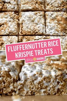 some kind of dessert that is on top of a table with the words, fluffernutter rice krispie treats