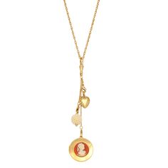 This vintage-inspired necklace features a trio of charms including a gold-toned heart, simulated pearl sphere and a round simulated carnelian and ivory-colored cameo locket pendant set on an etched gold tone frame. This beautiful necklace is a unique piece to own or gift. This vintage-inspired necklace features a trio of charms including a gold-toned heart, simulated pearl sphere and a round simulated carnelian and ivory-colored cameo locket pendant set on an etched gold tone frame. This beautif Cameo Locket, Vintage Tattoo Art, Wishlist 2024, 1928 Jewelry, Round Locket, Charms Necklace, Vintage Inspired Jewelry, Cameo Jewelry, Inspired Necklace