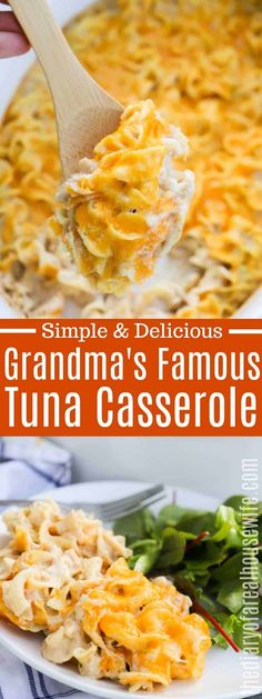 a spoon full of grandma's famous tuna casserole on a white plate