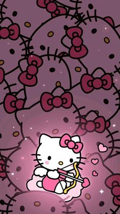 the hello kitty wallpaper is pink and has hearts on it