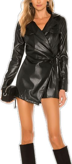 Women's Overlapping Style Leather Romper In Black Luxury Black Leather Jacket For Night Out, Black Leather Jacket For Fall Party, Black Long Sleeve Leather Jacket For Night Out, Sleek Leather Jacket For Night Out, Black Faux Leather Jacket For Night Out, Chic Leather Outerwear For Night Out, Luxury Black Outerwear For Night Out, Chic Black Evening Leather Jacket, Long Sleeve Leather Jacket For Fall Evenings