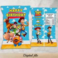 two pillow cases with toy story characters on the front and back cover, both printed in blue