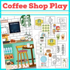 the coffee shop play game is shown with pictures and instructions to make it look like they are