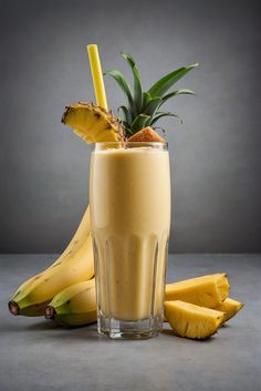 a banana smoothie in a tall glass next to bananas and a pineapple on the side