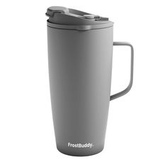 a gray travel mug with the word frostbuddyy on it's side