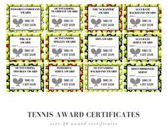 tennis award certificates are shown in black and white, with the words tennis on them