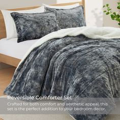 the reversible comforter set is made with luxurious crushed velvet and has two matching pillows