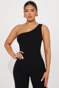 Available In Black. One Shoulder Jumpsuit Sleeveless Flare Leg Stretch Inseam= 34" Self: 95% Polyester 5% Spandex Lining: 100% Polyester Imported | Stay Away Jumpsuit in Black size XS by Fashion Nova Black One Shoulder Jumpsuit, One Shoulder Jumpsuit, Service Women, Leg Stretching, Jeans Jumpsuit, Matching Dresses, Black Jumpsuit, Fashion Nova, Black Fashion