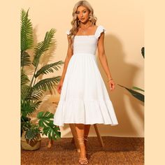 In a smocked front and contrast decor design, makes of lightweight fabric, the dress can be fulled your outfit's collection in your wardrobe. The soft fabric flowy ruffles below the knee in a flared dress and decor with tiered shirred hem. Suit for summer and for many occasions, such as casual, dating, cocktail party, weekend gathering, sunny beach, travel and daily wear. Knee-length Sundress With Smocked Bodice For Daywear, Knee-length Smocked Sundress With Smocked Bodice, White Midi Sundress With Smocked Bodice, Knee-length Ruffled Smocked Dress For Vacation, Knee-length Smocked Dress With Ruffles For Vacation, Knee-length Smocked Dress With Ruffles For Beach, Knee-length Beach Smocked Dress With Ruffles, Beach Knee-length Smocked Dress With Ruffles, White Casual Smocked Dress With Ruffles