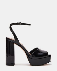 LOURDES Black Patent Platform Heel | Women's Heels – Steve Madden Steve Madden Store, Apparel Merchandising, Platform Block Heels, Chunky Block Heels, Foot Jewelry, Women's Heels, Platform Heel, Dress Sandals, Girly Girl