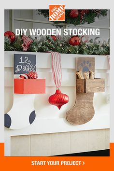 a christmas stocking hanging on the wall next to a fireplace with stockings and ornaments