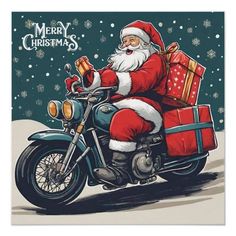 a santa clause riding on the back of a motorcycle with presents in his hand and holding a