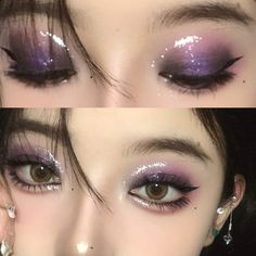 Outfit And Makeup Ideas, Rave Makeup With Glasses, Pink And Blue Douyin Makeup, Purple Eye Makeup Easy, Pretty Makeup Palettes, Simplistic Eye Makeup, Gothic Korean Makeup, Fierce Fairytale Palette Looks, Gothic Angel Makeup