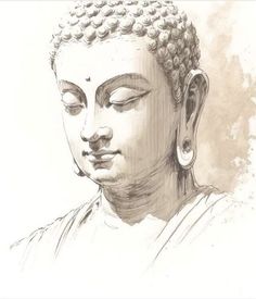 a drawing of a buddha statue with its eyes closed and head turned to the side