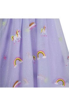 Unicorn and rainbow embroidery meet flecks of glitter in this mesh dress for baby paired with coordinating bloomers for a complete look. Includes coordinating bloomers Back keyhole with button-and-loop closure 70-denier mesh Lined 100% polyester Hand wash, line dry Imported Multicolor Tulle Skirt Summer Dresses, Summer Rainbow Tulle Dress, Rainbow Tulle Dress For Spring, Spring Rainbow Tulle Dress, Spring Unicorn Print Dress-up Dresses, Whimsical Rainbow Dresses For Spring, Whimsical Summer Rainbow Dress, Unicorn And Rainbow, Rainbow Embroidery