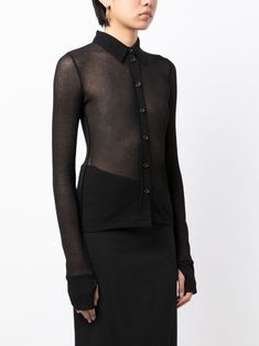 Helmut Lang long-sleeve Ribbed Top - Farfetch Fitted Button-up Top For Layering, Sleek Fitted Tops With Button Closure, Classic Sheer Tops For Fall, Sheer Button-up Workwear Tops, Sheer Button-up Tops For Workwear, Modern Long Sleeve Top With Button Closure, Sheer Sleeves Button-up Tops For Fall, Sheer Collared Tops For Fall, Sleek Fitted Collared Top