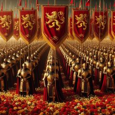 a group of knights standing next to each other in front of red and gold flags