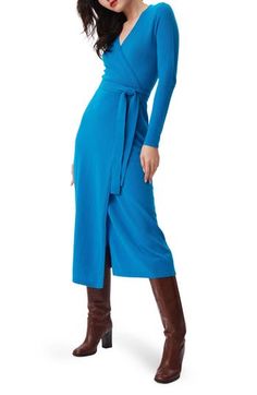 This quintessential wrap sweater-dress knit from luxe wool and cashmere features a sultry dipped neckline and waist-cinching sash. Surplice V-neck Long sleeves 70% wool, 30% cashmere Dry clean Imported Cashmere Wrap Sweater, Wrap Sweater Dress, Dress Knit, Cashmere Wrap, Wrap Sweater, Cinched Waist, Von Furstenberg, Diane Von, Diane Von Furstenberg