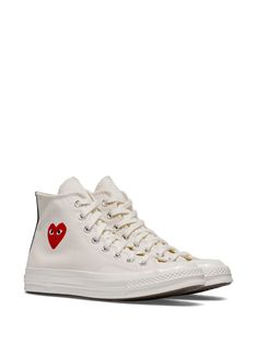 White high-top sneaker with COMME DES GARÇONS PLAY logo in canvas with logo, white rubber sole and toe. This item is in size 9 and the color is Canvas High-top Sneakers For Streetwear, High-top Canvas Sneakers For Streetwear, Canvas High-top Sneakers With Rubber Sole, High-top Cotton Custom Sneakers For Streetwear, High-top Canvas Shoes With Gum Sole For Streetwear, Cotton High-top Custom Sneakers For Streetwear, Custom High-top Canvas Sneakers With Rubber Sole, Custom Mid-top Canvas Sneakers, Custom Mid-top Canvas Sneakers With White Sole