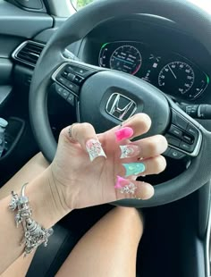 Turquoise Nails Black Women, Junk Nails Short Duck, Long Nail Set Ideas, Medium Duck Nail Designs, Short Bling Nail Designs, Cute Duck Nails With Charms, Duck Nails Ideas, Freestyle Short Nails, Mitch Match Nails