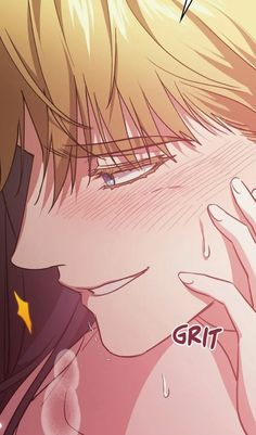 an anime character is holding his hand up to his face with the word grit written on it