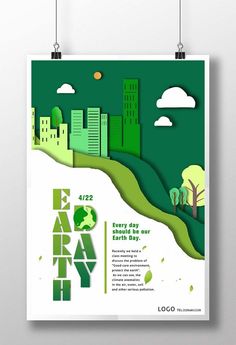 a poster with green cityscape on it and the words earth day written below