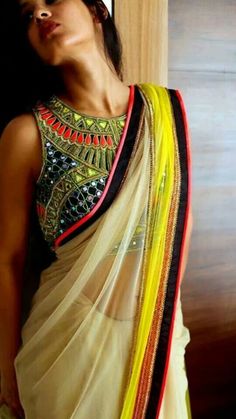 Saree... Indian attire.... great blouse design. Definitely going to get myself one. Mirror Work Blouse, Salwar Kamiz, Ghagra Choli, Indian Couture, Indian Attire, Desi Fashion, Indian Ethnic Wear, India Fashion, Mirror Work