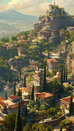 an artist's rendering of the ancient city on top of a hill with trees