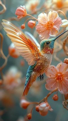 a colorful hummingbird flying over pink flowers with water droplets on it's wings