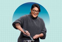 a woman in glasses is cutting food on a blue and white background with a circle around her