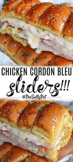 the chicken cordon bleu sliders are stacked on top of each other