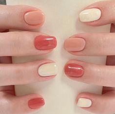 Summer Nails Korean, Color Nails Short, Gel Nails Pastel, Natural Nails White, Pink Nails Natural, Summer Nails Short Nails, Korean Gel Nails, Picnic Nails, Mixed Nails