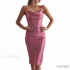 Lasaky - Luxurious Long Dress for Women Spaghetti Strap Dress With Shirt Under, Strap Dress With Shirt Under, Spaghetti Strap Dress Outfit, Long Spaghetti Strap Dress, Strap Dress Outfit, Pink Slip Dress, Pink Midi Skirt, Pink Satin Dress, Satin Cocktail Dress