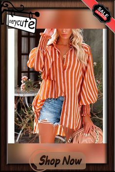 Orange Striped Button Long Sleeve Mid-length Shirt Fall Beach Shirt With Button Closure, Fall Beach Blouse With Button Closure, Beach Blouse With Button Closure For Fall, Striped Button Blouse For Fall, Spring Orange Shirt With Button Closure, Orange Shirt With Button Closure For Spring, Fall Beach Button-up Shirt, Orange Long Sleeve Shirt For Beach, Retro Orange Long Sleeve Shirt