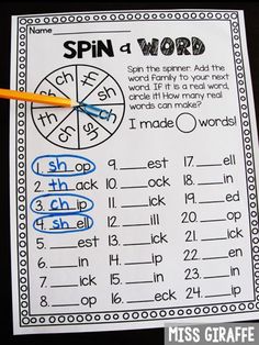 spin a word worksheet with an orange pencil